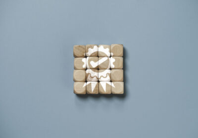 Quality assurance icon which print screen on wooden cube block f Quality assurance icon which print screen on wooden cube block f