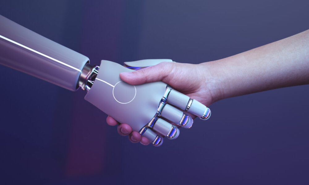 Robot handshake human background, futuristic digital age