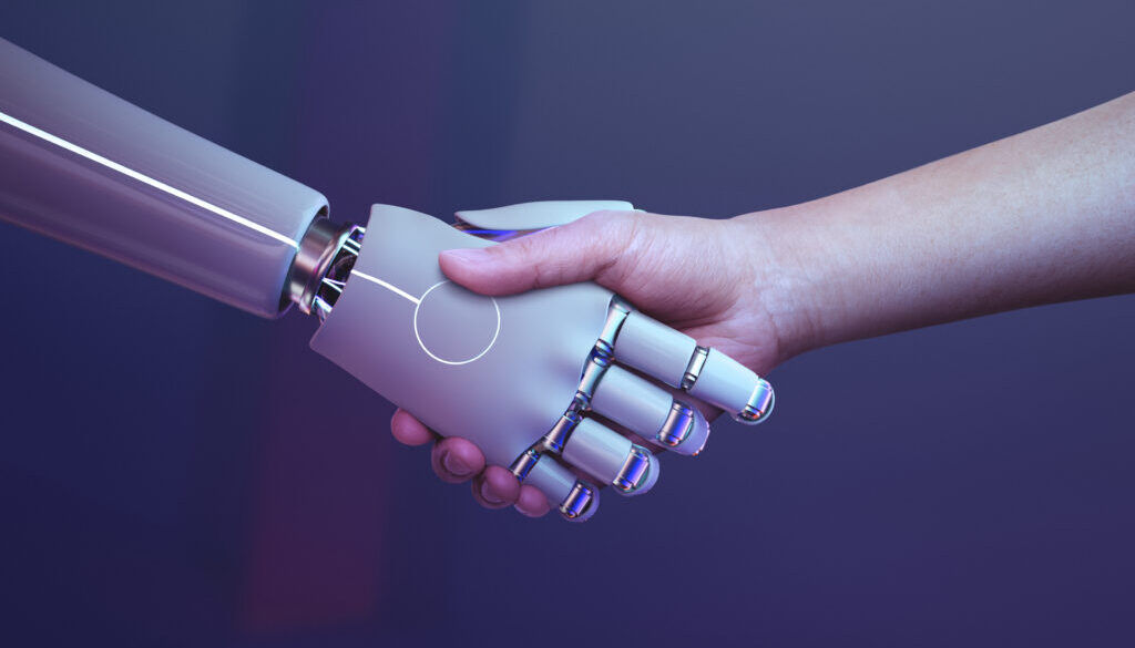 Robot handshake human background, futuristic digital age